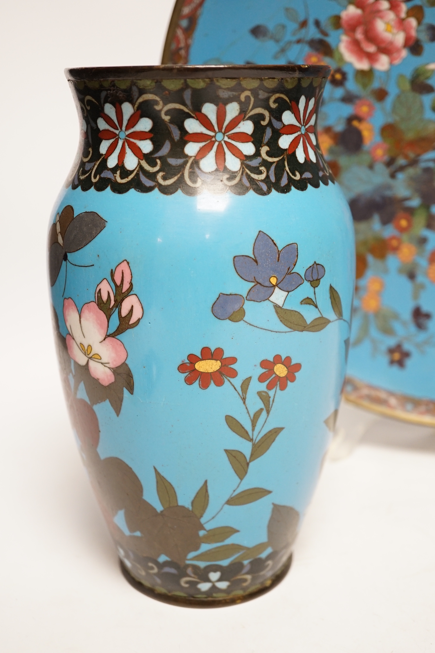 Two pieces of Japanese cloisonné enamel, comprising charger and vase, largest 36cm in diameter